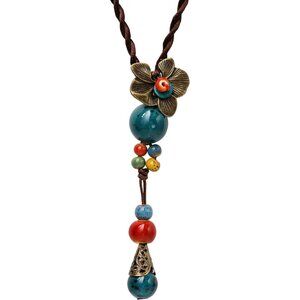 Vintage Bohemian Colorful Ceramic Bead Antique Flower Y Necklace, Vintage Boho H